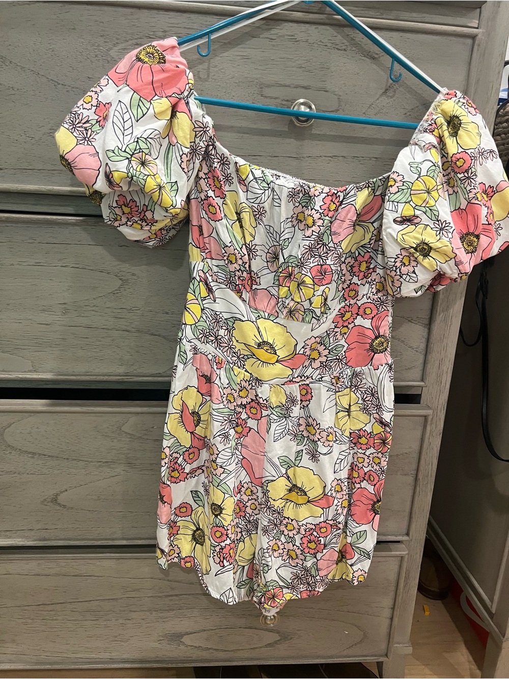AFRM White Floral Puff-Sleeve Romper with Pink & Yellow Blooms